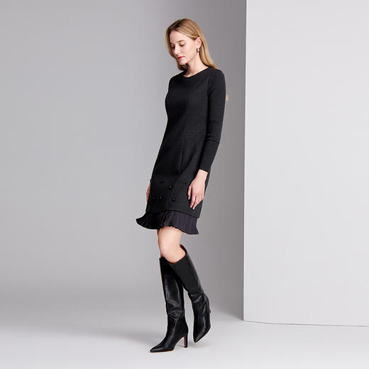 EITIE爱特爱手工钉珠花压褶拼接设计秋冬保暖连衣裙8407117 商品图1