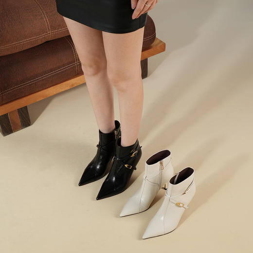 Westory2025年冬季尖头高跟靴子油蜡摔纹胎牛皮通勤宴会百搭短靴W25DS85431 商品图7
