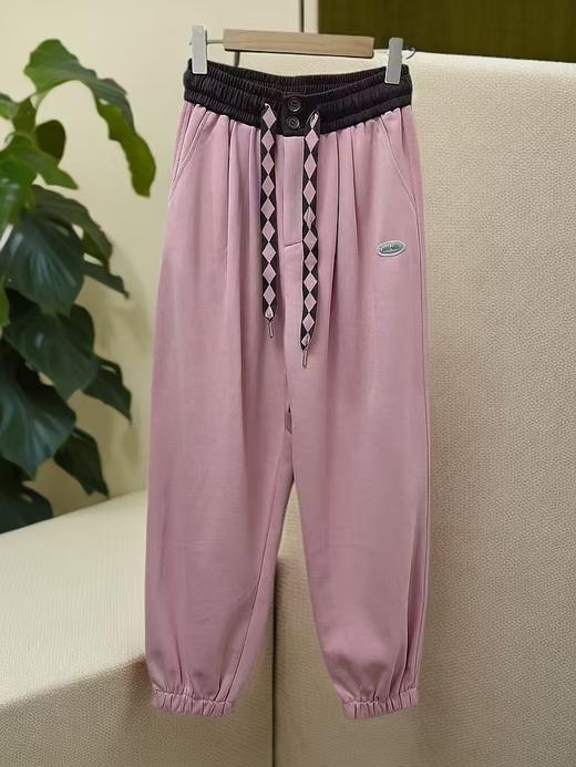 女王节抢购价-不支持退【自营】不支持退货 两粒扣菱形格腰带束脚休闲卫裤-喜出 商品图4