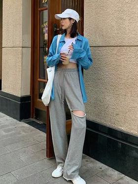 11.11直降到底！！【秋上新】卫裤系列灰色破洞卷边毛圈加长款卫裤-喜出