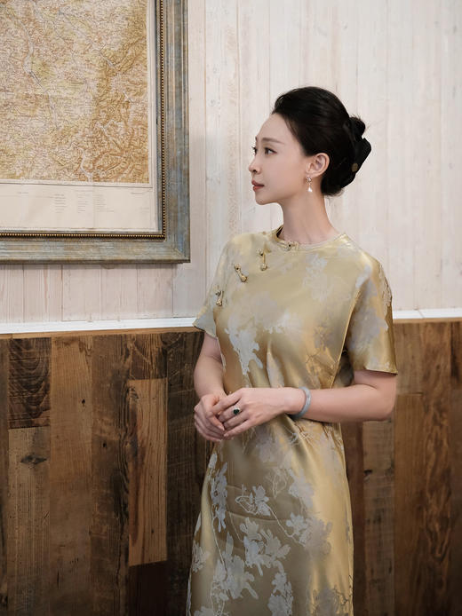 盛唐牡丹 |香槟金真丝提花旗袍裙 商品图1