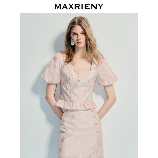 玛克门店发货：浪漫新中式上衣优雅短袖上衣提花泡泡袖甜美25夏季新款(货号:MF86TP017) 商品图2