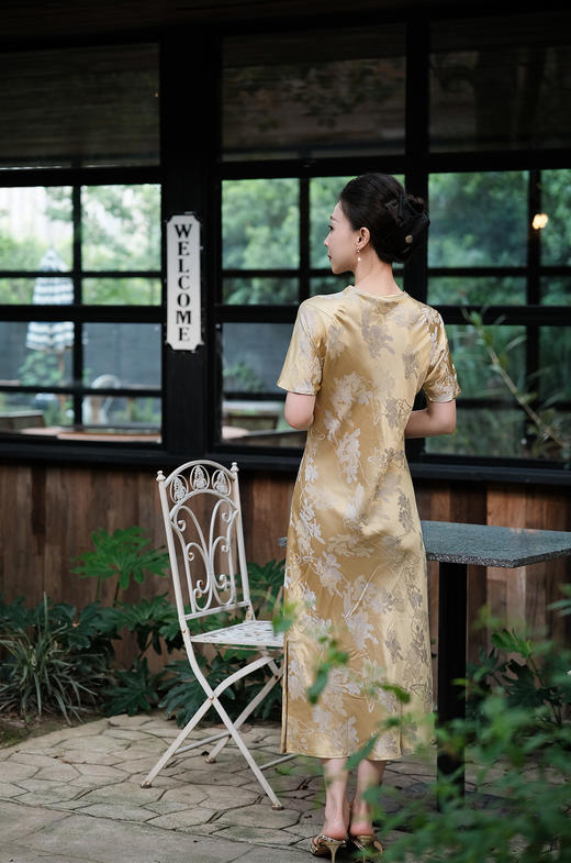 盛唐牡丹 |香槟金真丝提花旗袍裙 商品图10