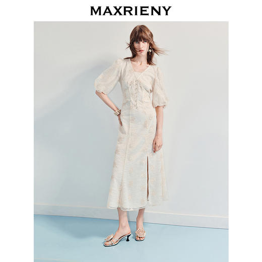MAXRIENY【商场同款】2025年夏季新款浪漫鎏金系列灯笼袖连衣裙显瘦(货号:MF86DR255) 商品图0