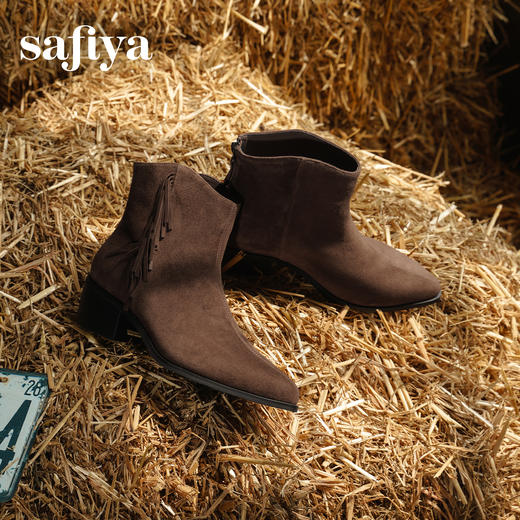 Safiya/索菲娅2025流苏废土风羊皮尖头复古粗跟百搭西部牛仔靴SFD4116353 商品图2