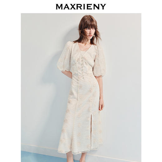 MAXRIENY【商场同款】2025年夏季新款浪漫鎏金系列灯笼袖连衣裙显瘦(货号:MF86DR255) 商品图2