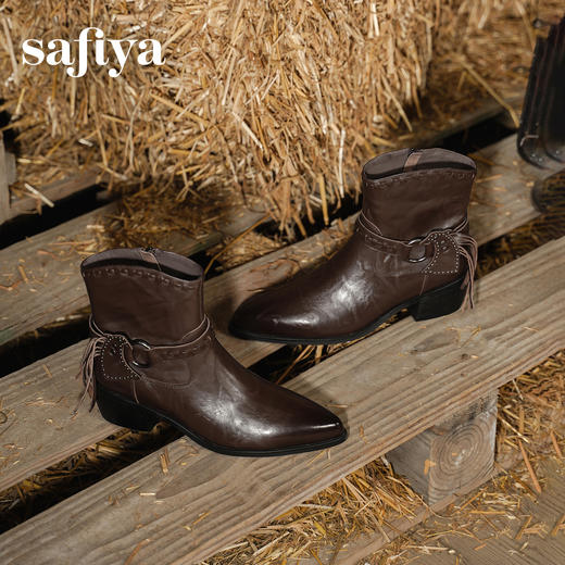 Safiya/索菲娅2025艺术家联名铆钉刺猬真皮尖头复古粗跟西部靴SFD4116358 商品图5