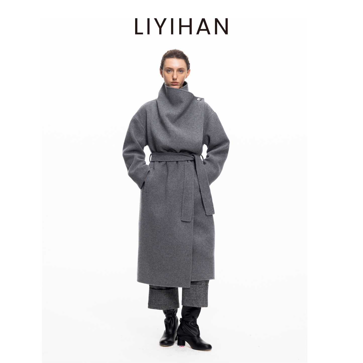 LIYIHAN局外人大衣 2025秋冬新款轻量羊毛大衣黑色长款毛呢外套女