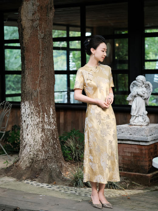 盛唐牡丹 |香槟金真丝提花旗袍裙 商品图9