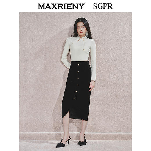 【商场同款】MAXRIENY精致复古感丝绒半裙24冬新款高腰修身开叉裙(货号:MS85SK761) 商品图1