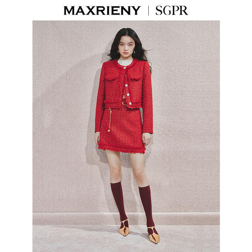 MAXRIENY2025秋冬新年红色千金小香风名媛气质感修身高腰半裙(货号:MS85SK758) 商品图1