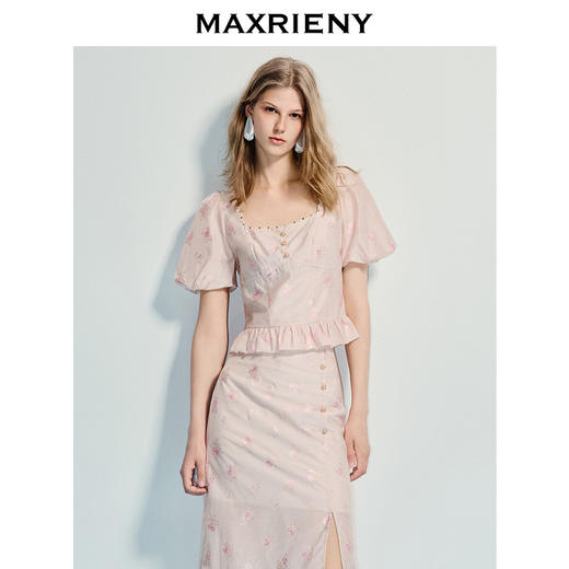 玛克门店发货：浪漫新中式上衣优雅短袖上衣提花泡泡袖甜美25夏季新款(货号:MF86TP017) 商品图0