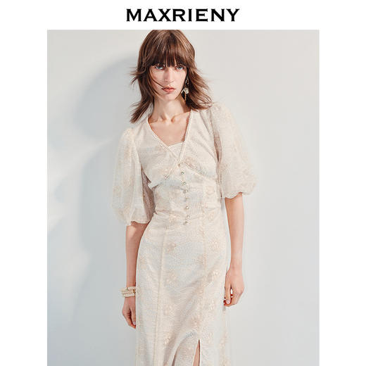 MAXRIENY【商场同款】2025年夏季新款浪漫鎏金系列灯笼袖连衣裙显瘦(货号:MF86DR255) 商品图1