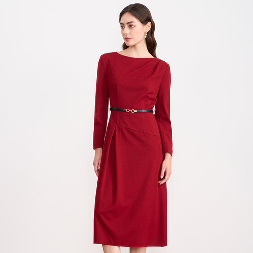 EITIE爱特爱气质圆领通勤不对称优雅红色呢子连衣裙秋冬新款D2507911 商品图2