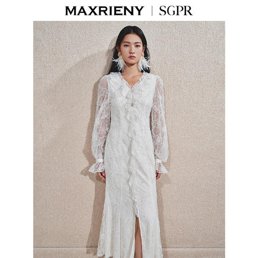 玛克门店发货：MAXRIENY精致浪漫复古宫廷风蕾丝长裙2025春季新款花边收腰连衣裙(货号:MS85DR762) 商品图2