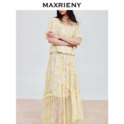 玛克门店发货：夏季新款甜美优雅显瘦高腰日落繁花印花A字大摆裙(货号:MF86SK268) 商品图3