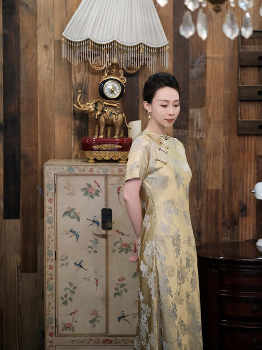 盛唐牡丹 |香槟金真丝提花旗袍裙 商品图8