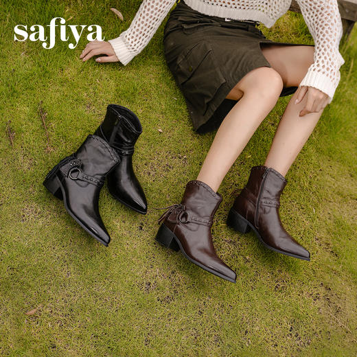Safiya/索菲娅2025艺术家联名铆钉刺猬真皮尖头复古粗跟西部靴SFD4116358 商品图6