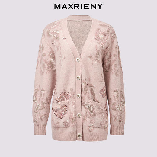 玛克门店发货：MAXRIENY浪漫复古感粉玫瑰印花毛衫外套(货号:MC85JA545) 商品图4