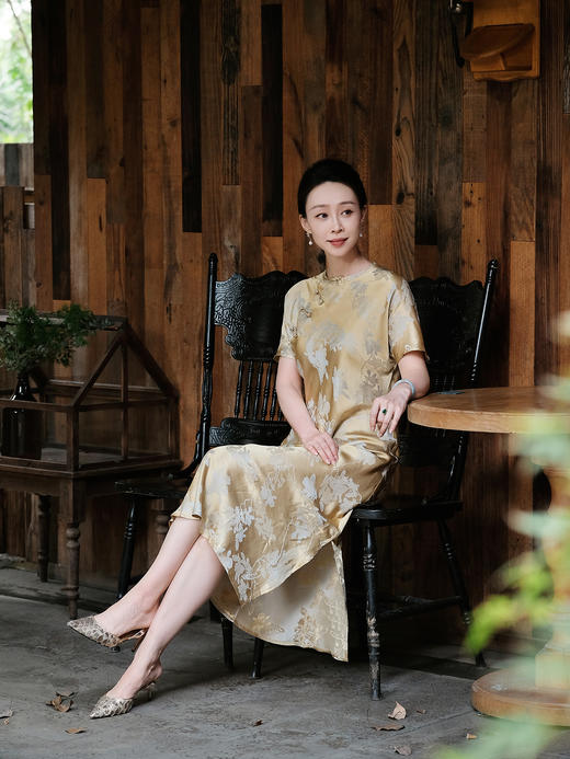 盛唐牡丹 |香槟金真丝提花旗袍裙 商品图7