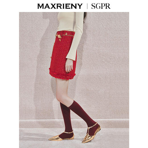 MAXRIENY2025秋冬新年红色千金小香风名媛气质感修身高腰半裙(货号:MS85SK758) 商品图2