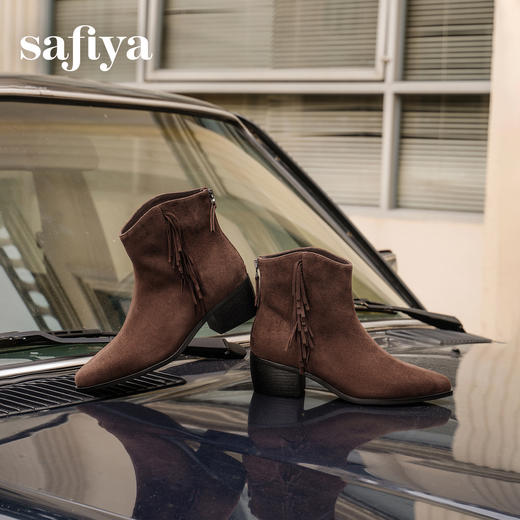 Safiya/索菲娅2025流苏废土风羊皮尖头复古粗跟百搭西部牛仔靴SFD4116353 商品图3
