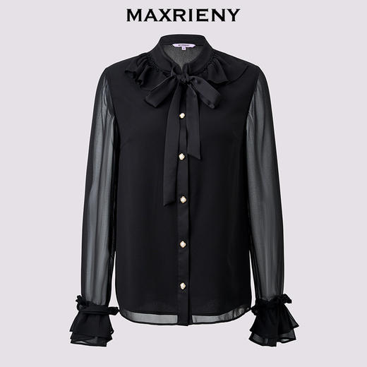 玛克门店发货：MAXRIENY法式慵懒感穿搭雪纺衬衫女25秋款H型系带蝴蝶结宽松上衣(货号:MF86TP508) 商品图4