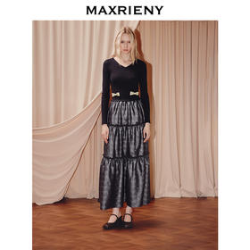 ，玛克门店发货：MAXRENY25年秋季新款宫廷复古风连衣裙显瘦气质长袖针织黑色优雅(货号:MF86DR504)