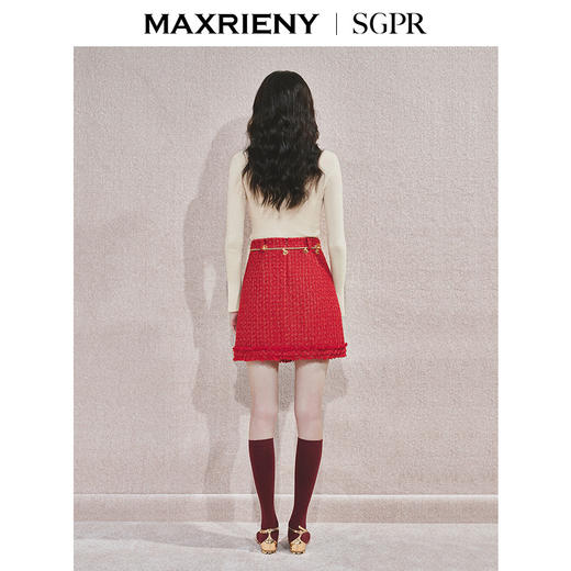 MAXRIENY2025秋冬新年红色千金小香风名媛气质感修身高腰半裙(货号:MS85SK758) 商品图3