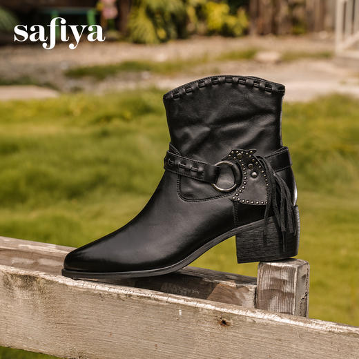 Safiya/索菲娅2025艺术家联名铆钉刺猬真皮尖头复古粗跟西部靴SFD4116358 商品图0