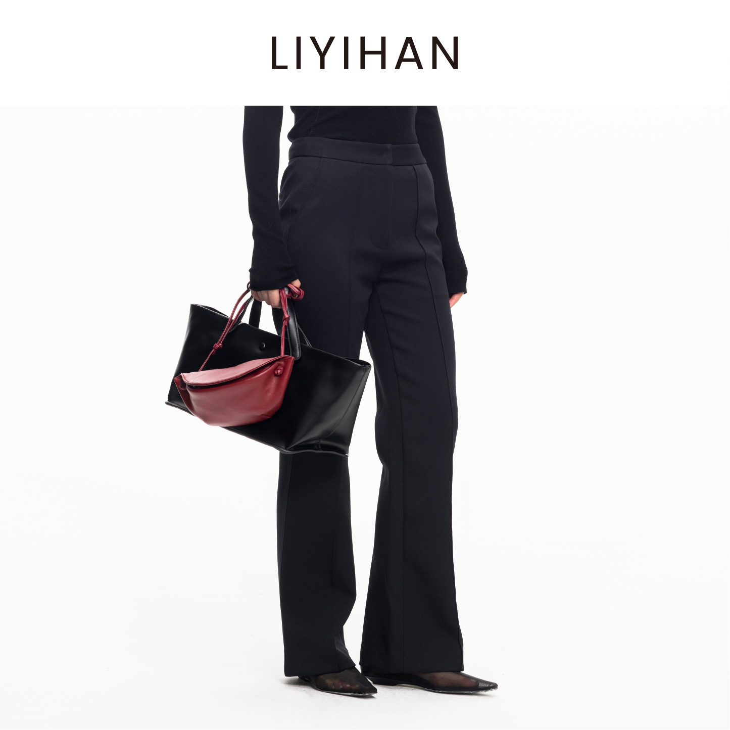 LIYIHAN 2025秋冬新款法式通勤喇叭裤黑色女显瘦休闲裤小众设计感