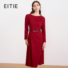 EITIE爱特爱气质圆领通勤不对称优雅红色呢子连衣裙秋冬新款D2507911