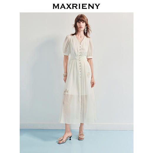 玛克门店发货：白色初恋连衣裙法式优雅中长款订婚(货号:MF86DR008) 商品图0