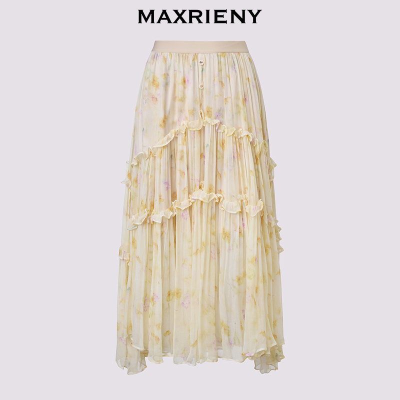 玛克门店发货：夏季新款甜美优雅显瘦高腰日落繁花印花A字大摆裙(货号:MF86SK268)