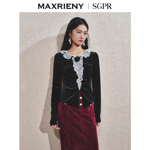 MAXRIENY法式复古赫本风丝绒套头上衣修身显瘦24冬款(货号:MS85TP761) 商品图2