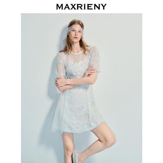 玛克门店发货：国风优雅刺绣重工连衣裙收腰泡泡袖绣花裙子(货号:MF86DR253) 商品图0