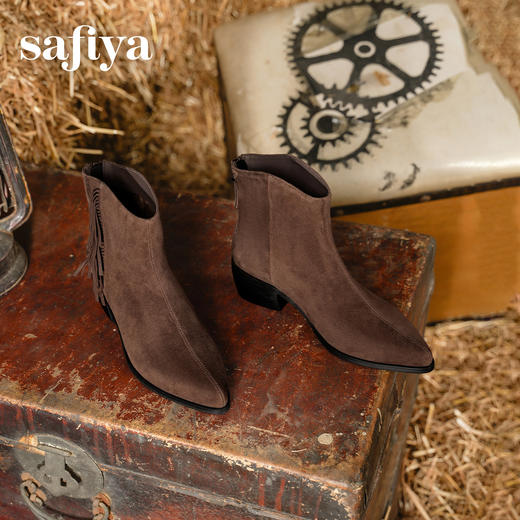 Safiya/索菲娅2025流苏废土风羊皮尖头复古粗跟百搭西部牛仔靴SFD4116353 商品图1
