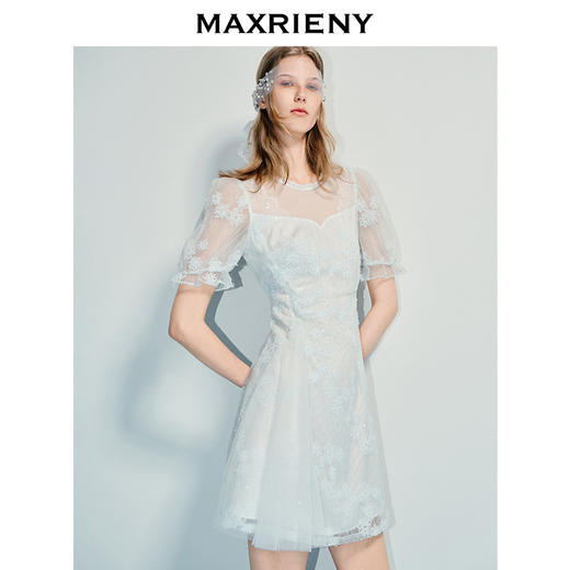 玛克门店发货：国风优雅刺绣重工连衣裙收腰泡泡袖绣花裙子(货号:MF86DR253) 商品图2