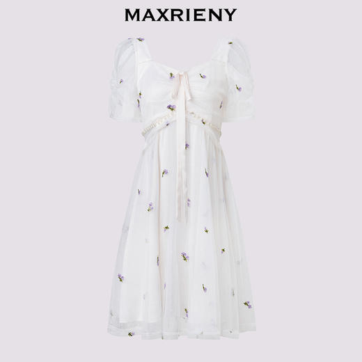 玛克门店发货：新款宫廷风蕾丝网纱复古刺绣连衣裙25年夏季高腰显瘦裙子(货号:MF86DR017) 商品图4