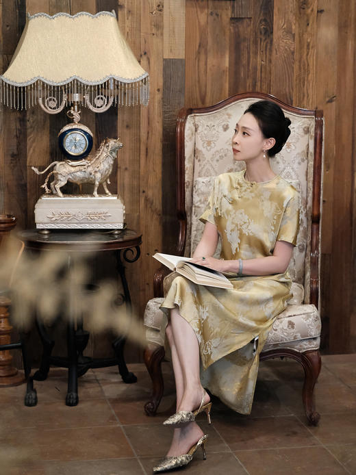 盛唐牡丹 |香槟金真丝提花旗袍裙 商品图6