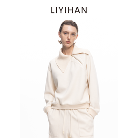 LIYIHAN 2025秋冬新款通勤简约斜翻领卫衣米白色女上衣小众设计感