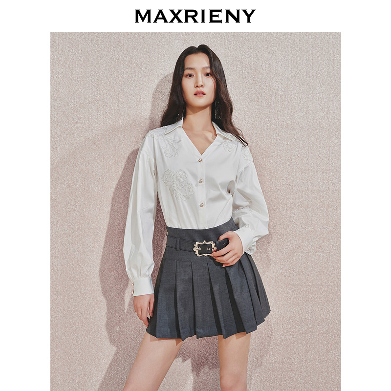 玛克门店发货：复古衬衫华丽花朵刺绣珍珠衬衫(货号:MC85TP547)