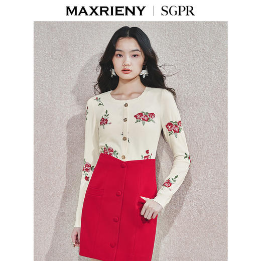 MAXRIENY2025秋冬新年红系列浪漫优雅感提花刺绣长袖显瘦针织上衣(货号:MS85SW752) 商品图2