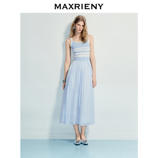 玛克门店发货：条纹吊带连衣裙收腰提花伞摆针织长裙(货号:MF86DR016) 商品图0