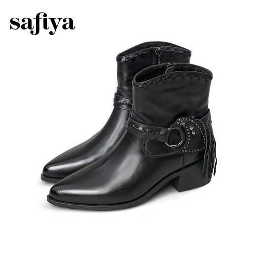 Safiya/索菲娅2025艺术家联名铆钉刺猬真皮尖头复古粗跟西部靴SFD4116358 商品图14