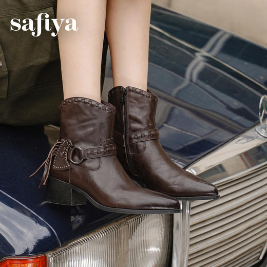 Safiya/索菲娅2025艺术家联名铆钉刺猬真皮尖头复古粗跟西部靴SFD4116358 商品图10