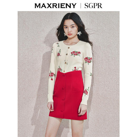 MAXRIENY2025秋冬新年红系列浪漫优雅感提花刺绣长袖显瘦针织上衣(货号:MS85SW752) 商品图0