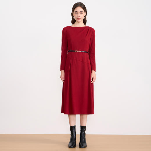 EITIE爱特爱气质圆领通勤不对称优雅红色呢子连衣裙秋冬新款D2507911 商品图1