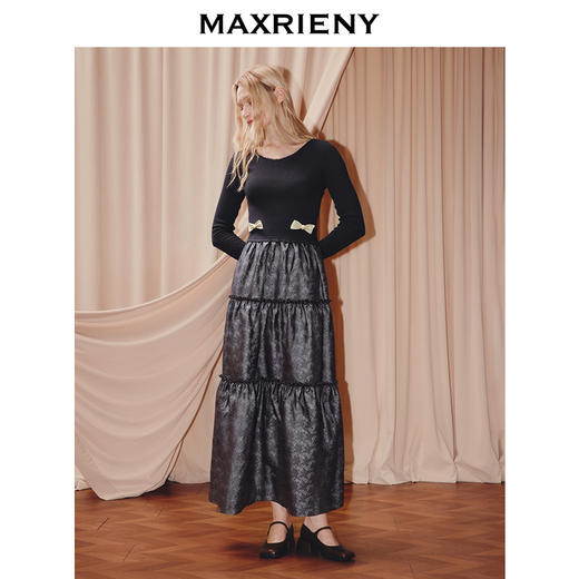 ，玛克门店发货：MAXRENY25年秋季新款宫廷复古风连衣裙显瘦气质长袖针织黑色优雅(货号:MF86DR504) 商品图1