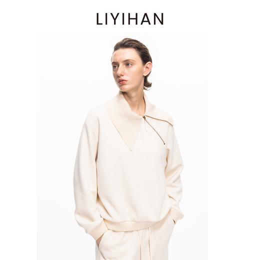 LIYIHAN 2025秋冬新款通勤简约斜翻领卫衣米白色女上衣小众设计感 商品图3